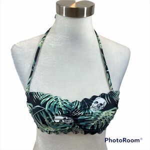 Midnight Hour Skull and Leaf Black‎ Bikini Top with Scalloped Edges Size XS